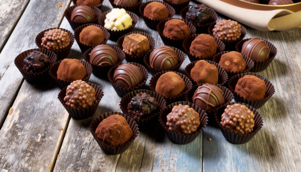 Trufas artesanais sobre superfície de madeira