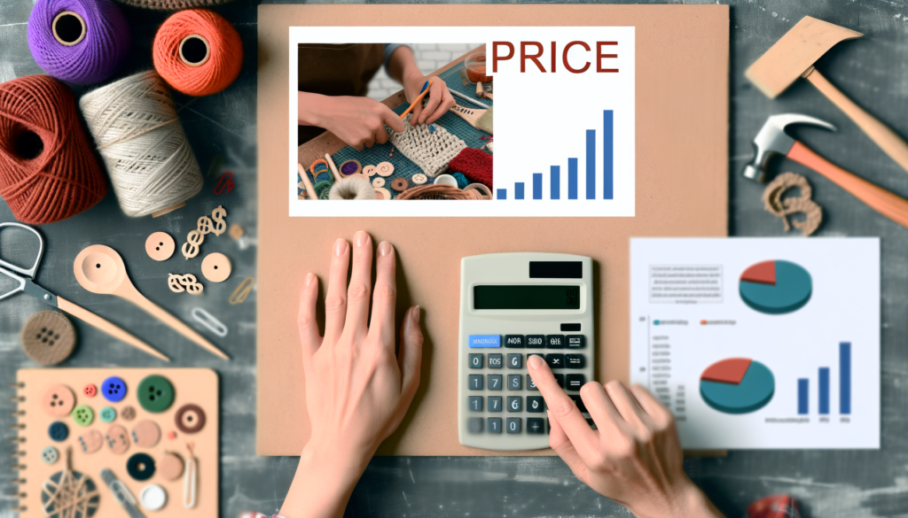 Mesa com peças artesanais e calculadora para precificação